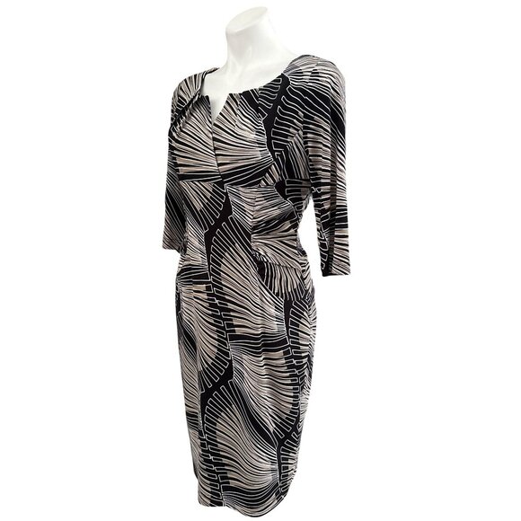 Adrianna Papell Black Beige Abstract Print Sheath Dress, Pleated Details Size 10 - Picture 7 of 10